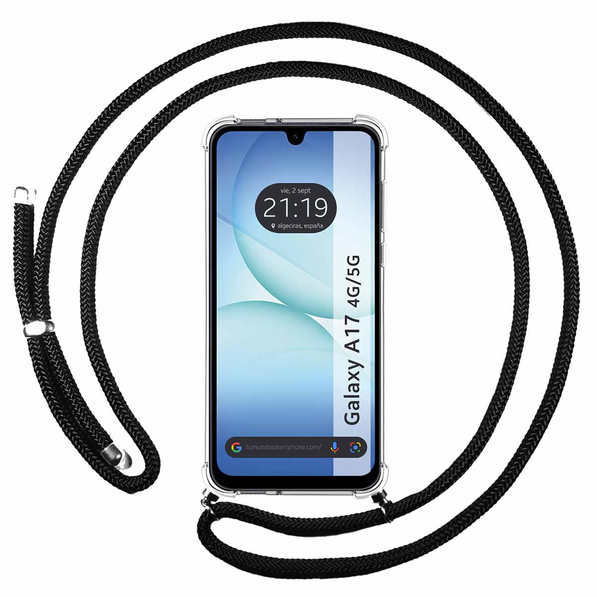 Uno smartphone con un cordino nero. Il telefono mostra l'ora, la data e la posizione. Il telefono è etichettato come Galaxy A17 4G/5G.