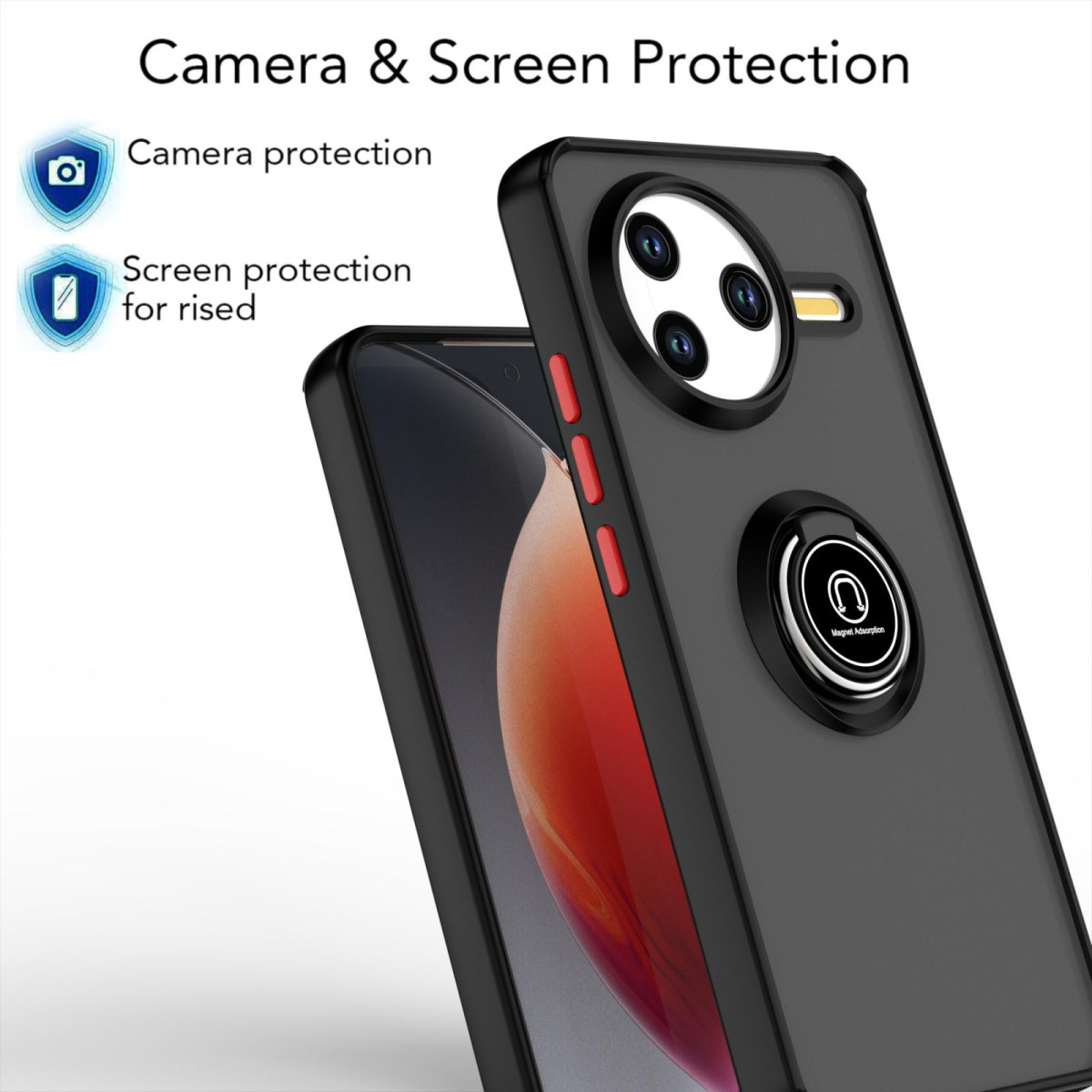 Una custodia nera per telefono con protezione per fotocamera e schermo. Ha un anello di supporto e pulsanti rossi sul lato. Sfondo bianco.
