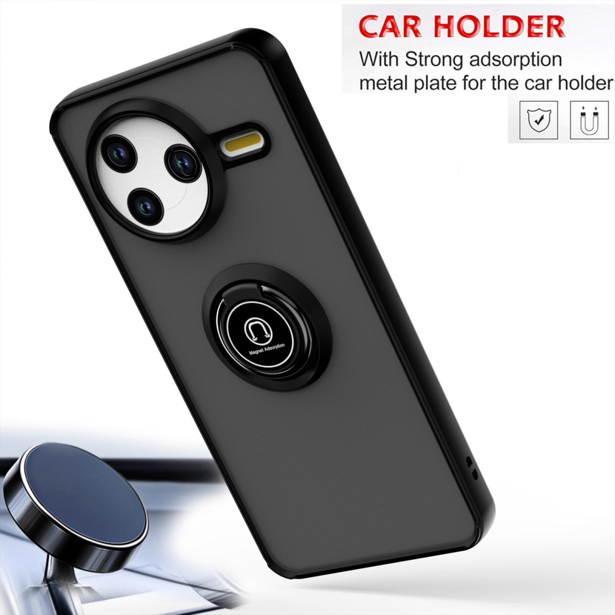 Una custodia nera per telefono con supporto ad anello. Un supporto per auto è in basso a sinistra. Testo: 'Car Holder'.