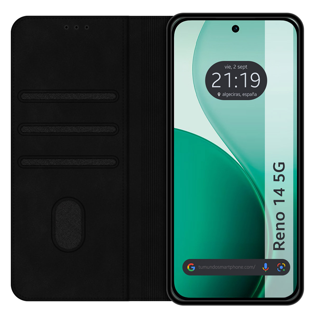 Una custodia nera per telefono con uno smartphone che mostra l'ora. Il telefono è etichettato 'Reno 14 5G'. La custodia ha fessure per carte.