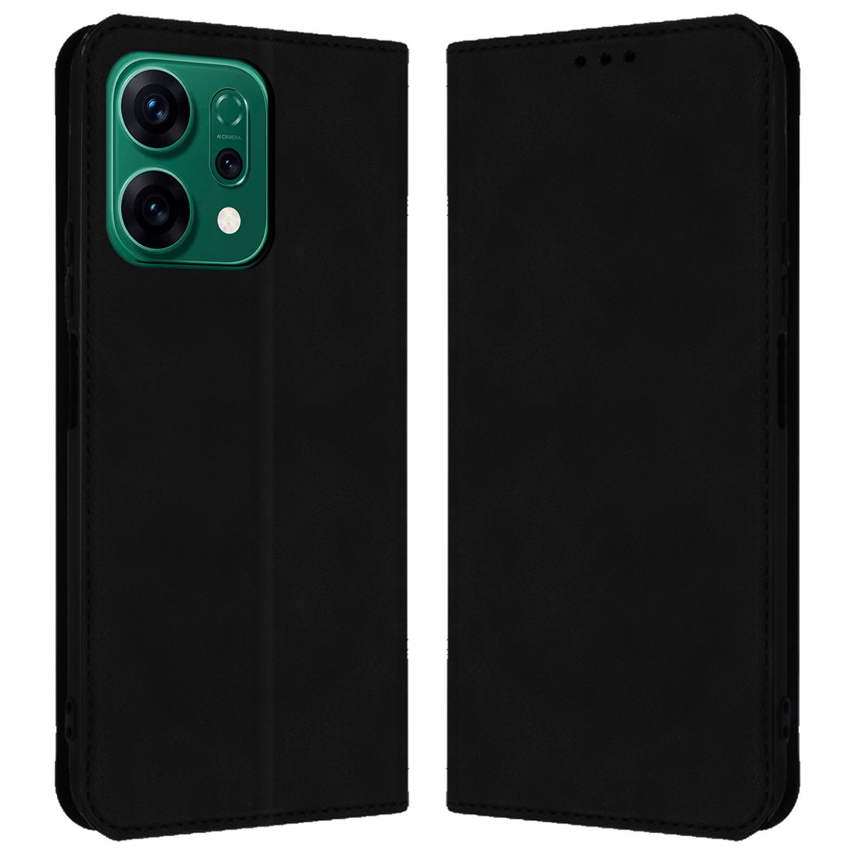 Una custodia nera per telefono con un modulo fotocamera verde. La custodia è aperta, mostrando l'interno e l'esterno. Lo sfondo è semplice.