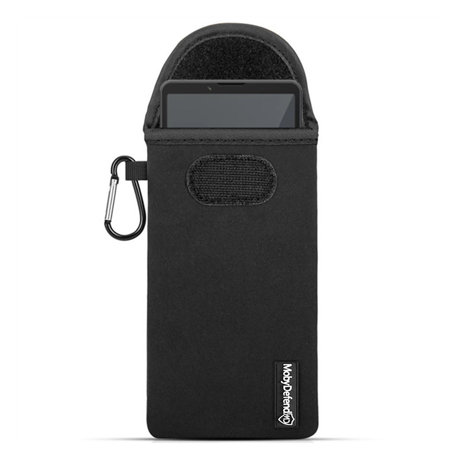 Een zwarte telefoonhoes met een telefoon erin. Het heeft een karabijnhaak en de merknaam MobyDefend.