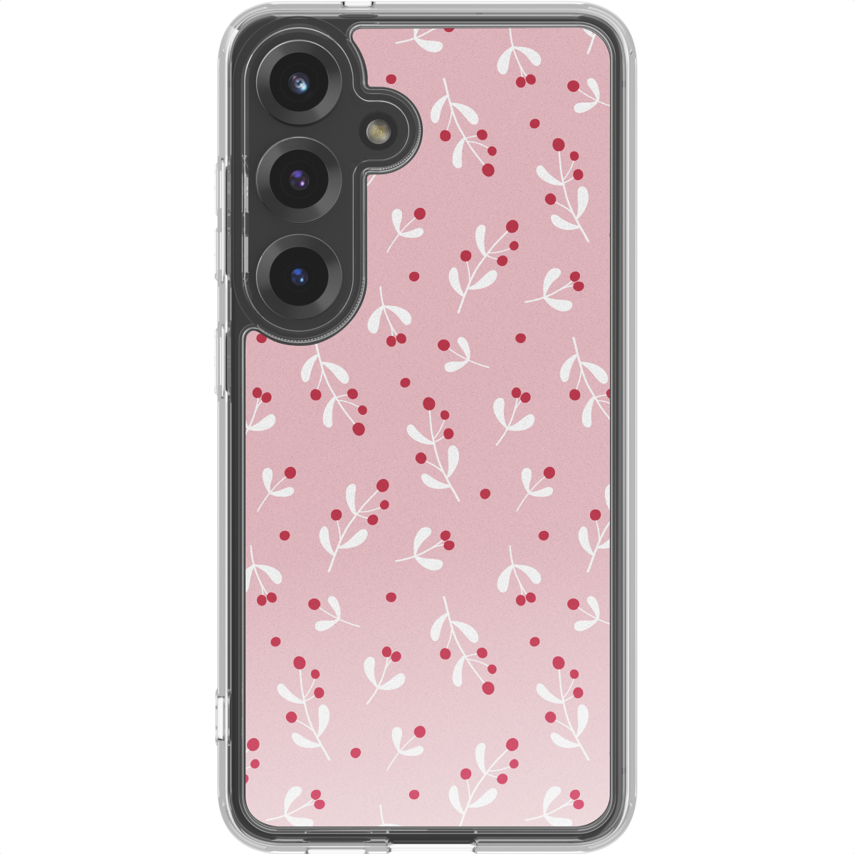 Een telefoonhoesje met een roze achtergrond en een patroon van witte bladeren en rode bessen. De camera van de telefoon is zichtbaar.