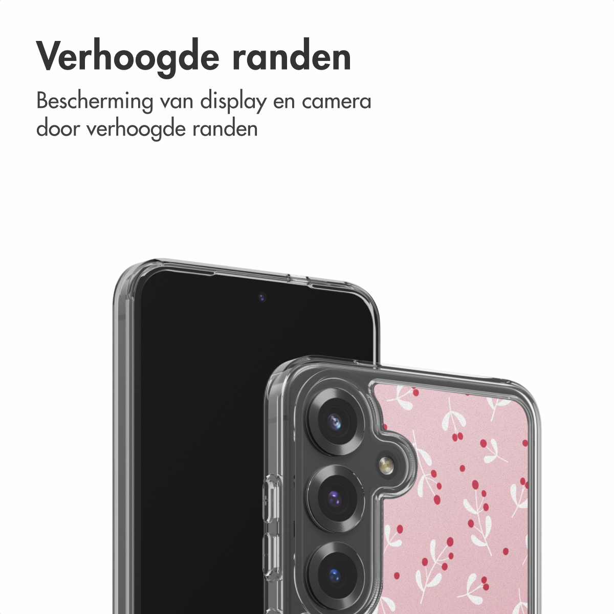 Due smartphone con custodie. Uno schermo nero, l'altro rosa con motivo floreale. Testo in alto: Verhoogde randen.