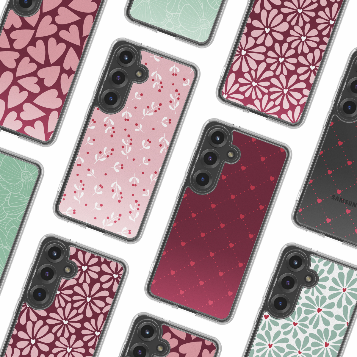 Verschillende telefoonhoesjes met verschillende patronen: harten, bloemen en stippen. Kleuren zijn roze, rood, groen en wit op een witte achtergrond.