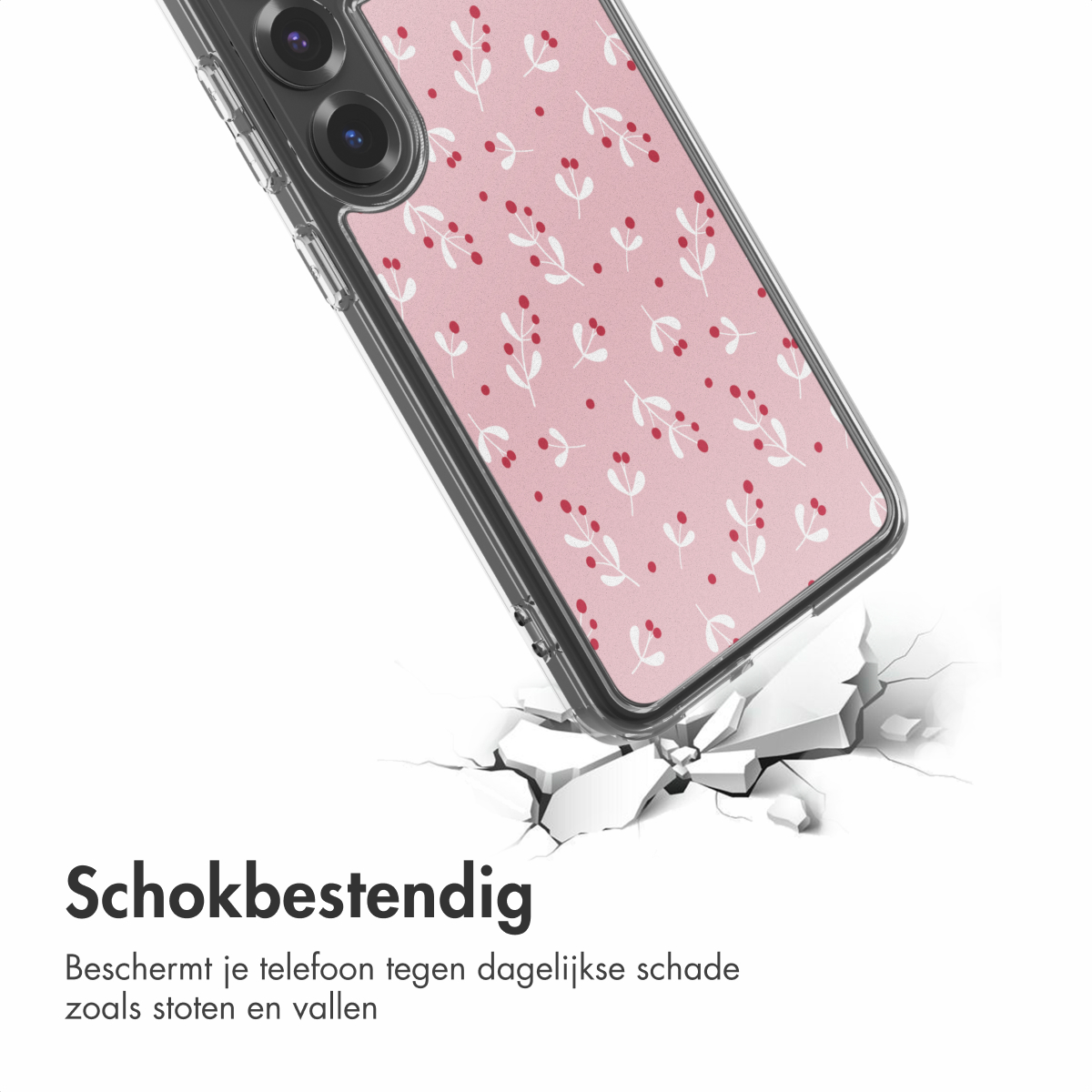 Transparante telefoonhoes met bloemenpatroon, valt, barst het oppervlak. Tekst 'Schokbestendig' onderaan.