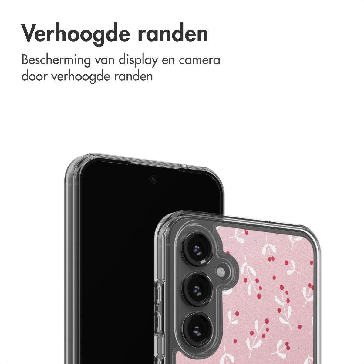 Due smartphone: uno schermo nero, uno con custodia floreale. Il testo dice 'Bordi rialzati' e 'Protezione per display e fotocamera'.
