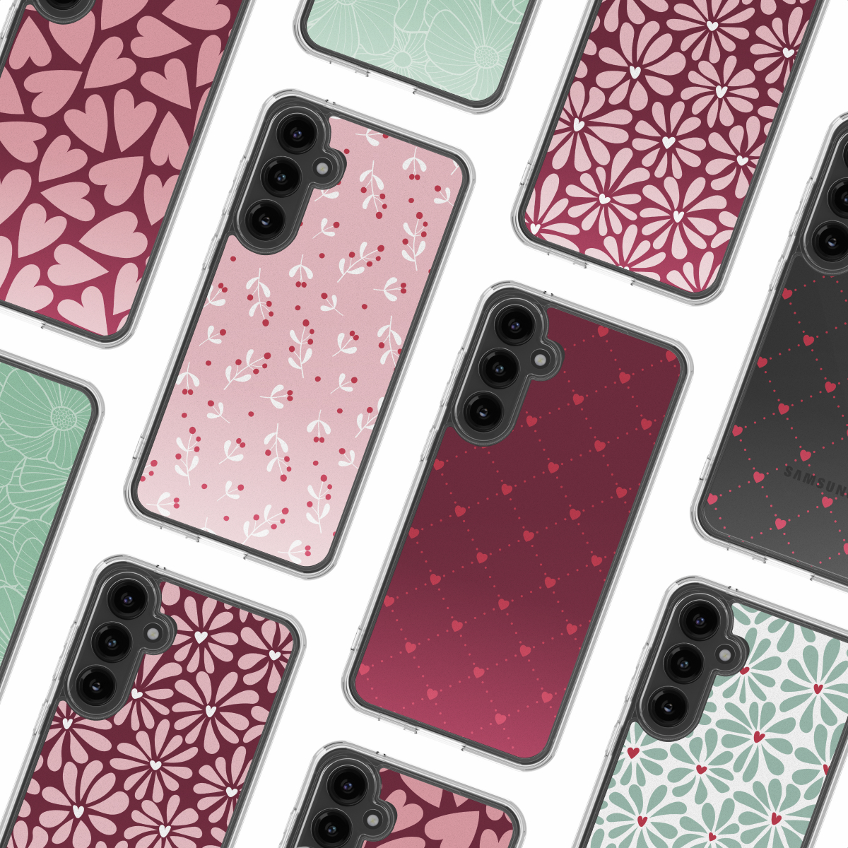 Diverse custodie per smartphone con vari motivi floreali, a cuore e a pois nei colori rosa, rosso e verde. Custodie su sfondo bianco.