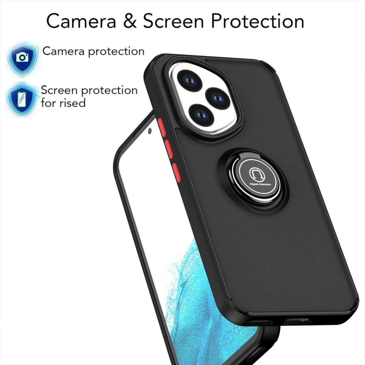 Custodia nera per telefono con anello per fotocamera, dettagli rossi e protezione dello schermo. Testo: Protezione fotocamera e schermo.
