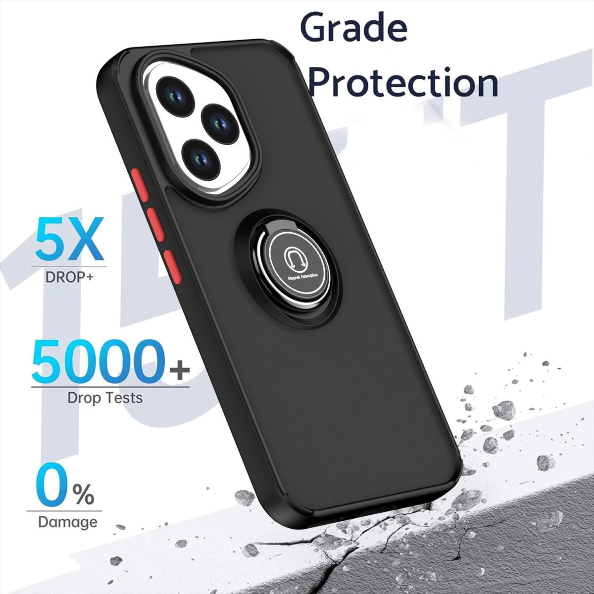 Custodia nera per telefono con supporto ad anello e lenti della fotocamera. Il testo indica protezione contro le cadute e test. Lo sfondo è una superficie incrinata.
