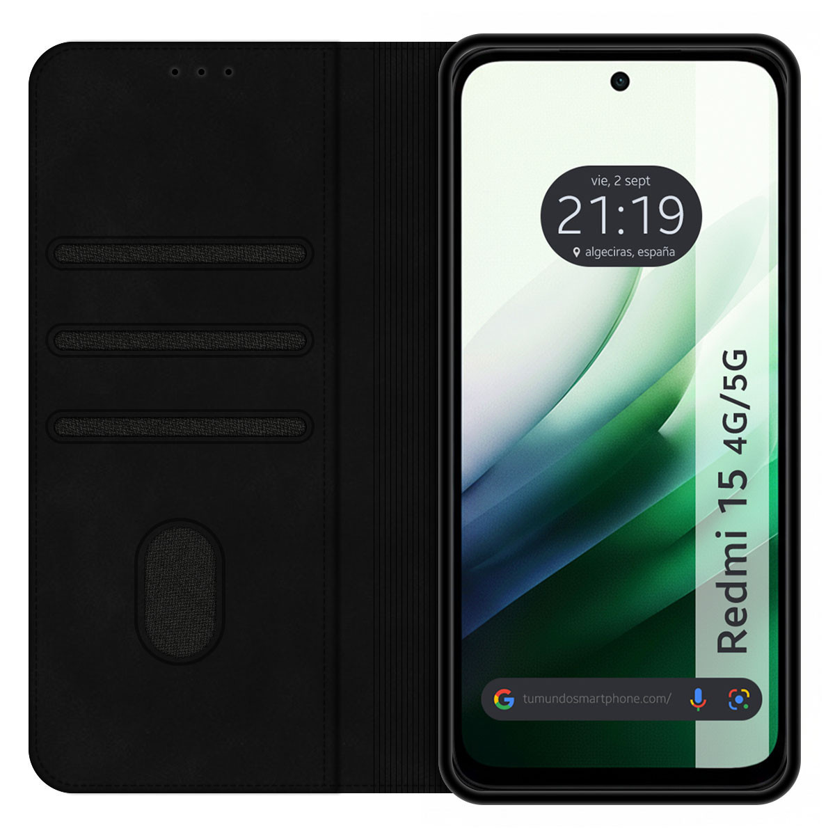 Telefono nero in custodia. Lo schermo mostra l'ora e le parole Redmi 15 4G/5G.
