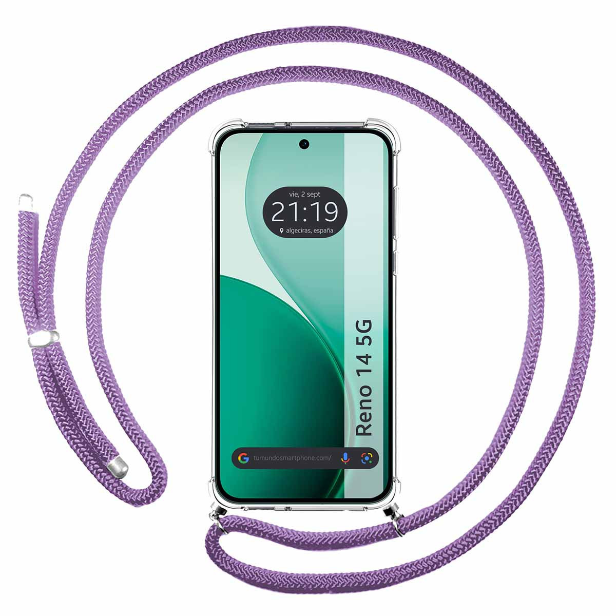 Smartphone con cordino viola. Lo schermo mostra l'ora e il luogo. Il telefono è etichettato Reno 14 5G.