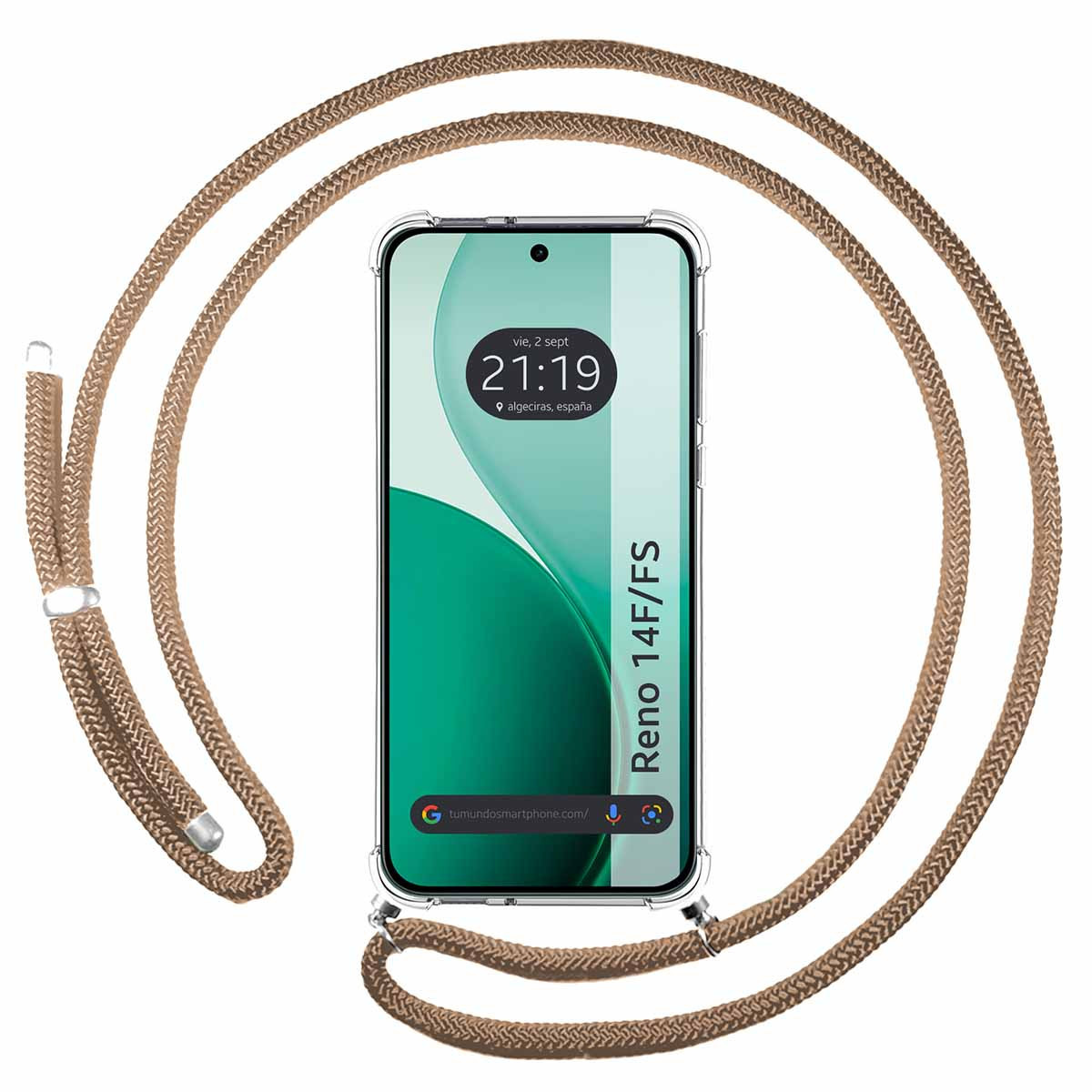 Uno smartphone con custodia e cordino. Lo schermo mostra l'ora e il luogo. Il cordino è marrone.