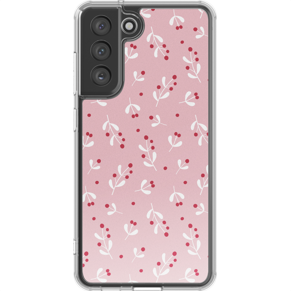 Een telefoonhoesje met een patroon van witte bladeren met rode bessen op een roze achtergrond.