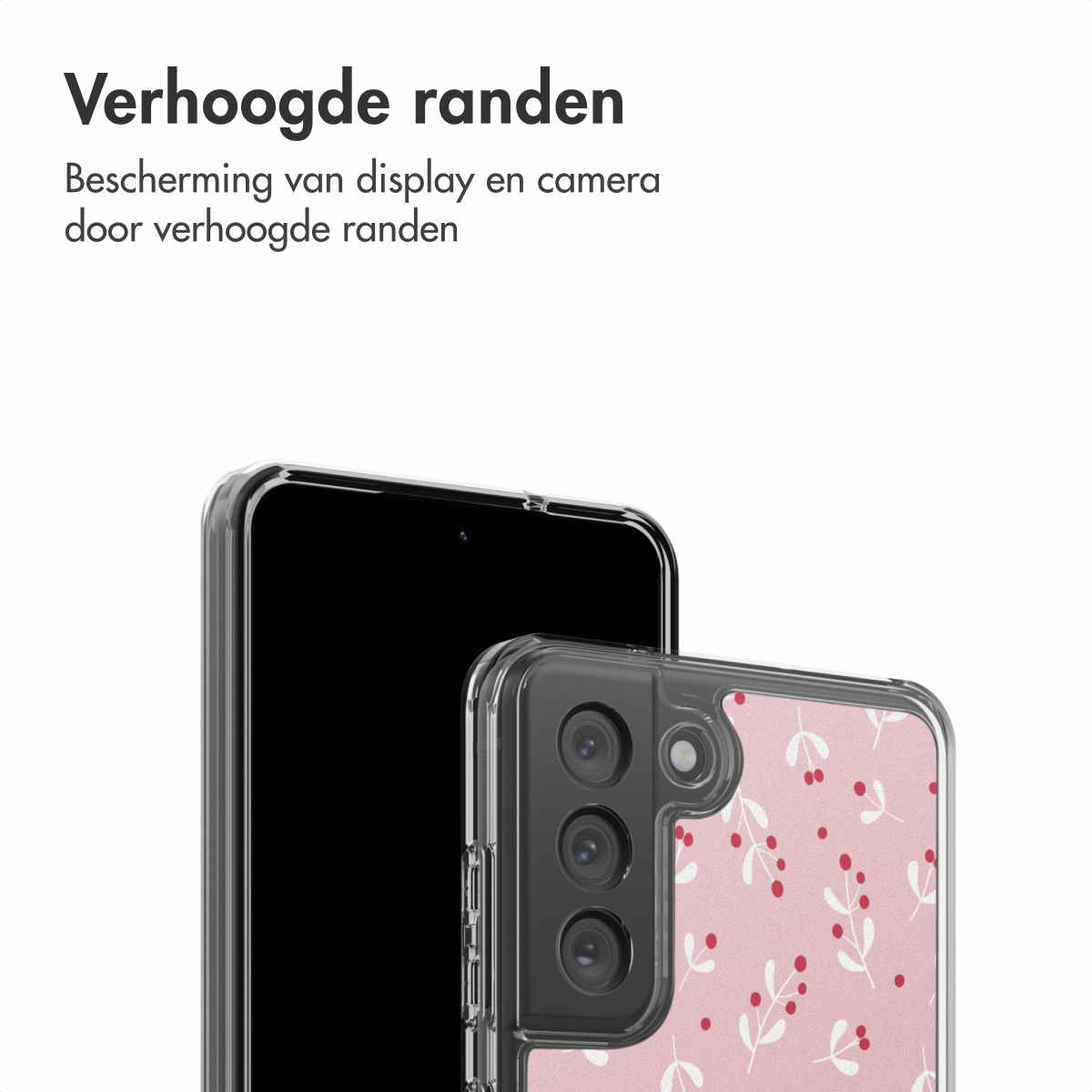 Een telefoon met een doorzichtig hoesje. De hoes heeft een roze bloemenpatroon. Het scherm van de telefoon is zwart. Nederlandse tekst bovenaan.