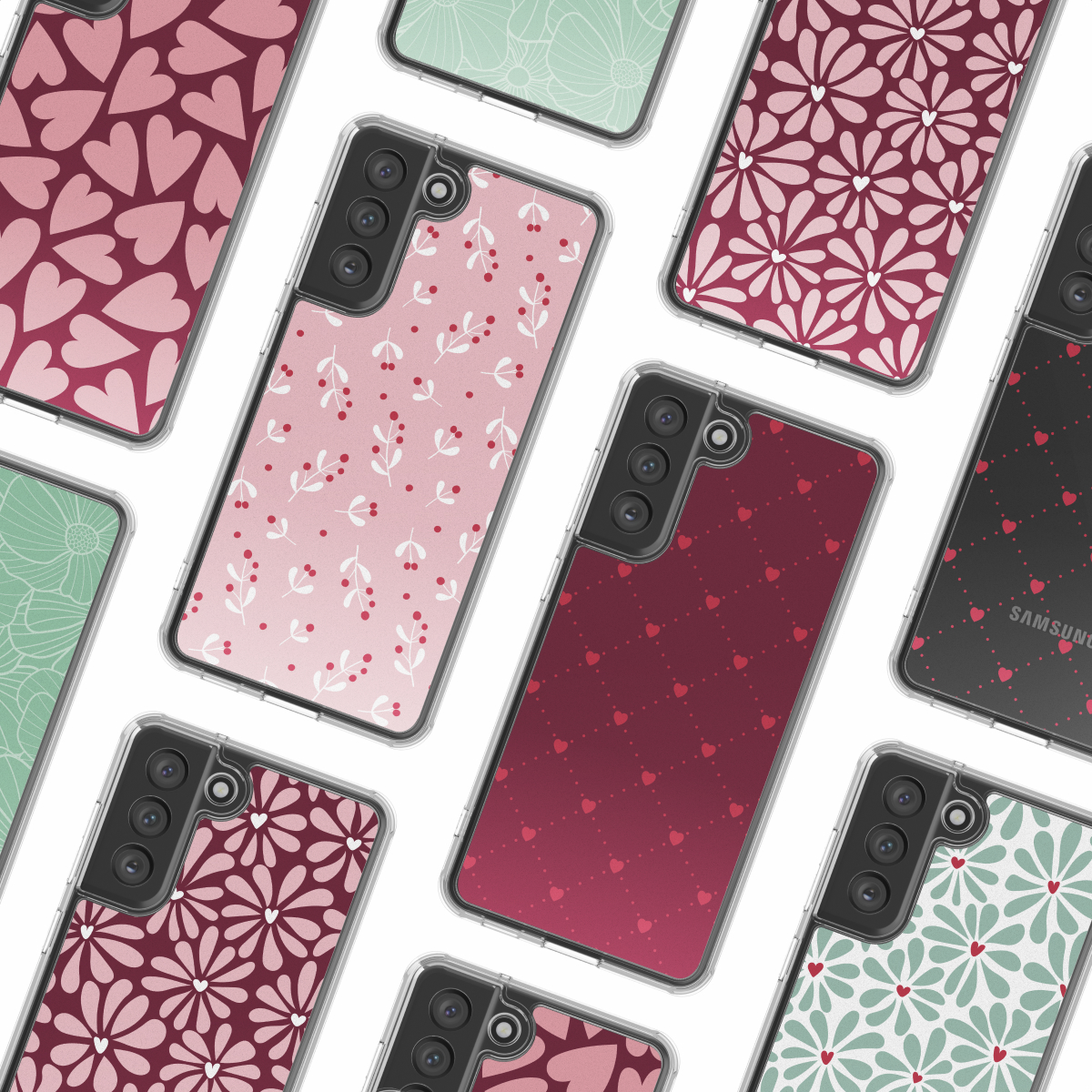 Assortiment smartphones in transparante hoesjes, met diverse patronen zoals harten, bloemmotieven en stippellijnen op een witte achtergrond.