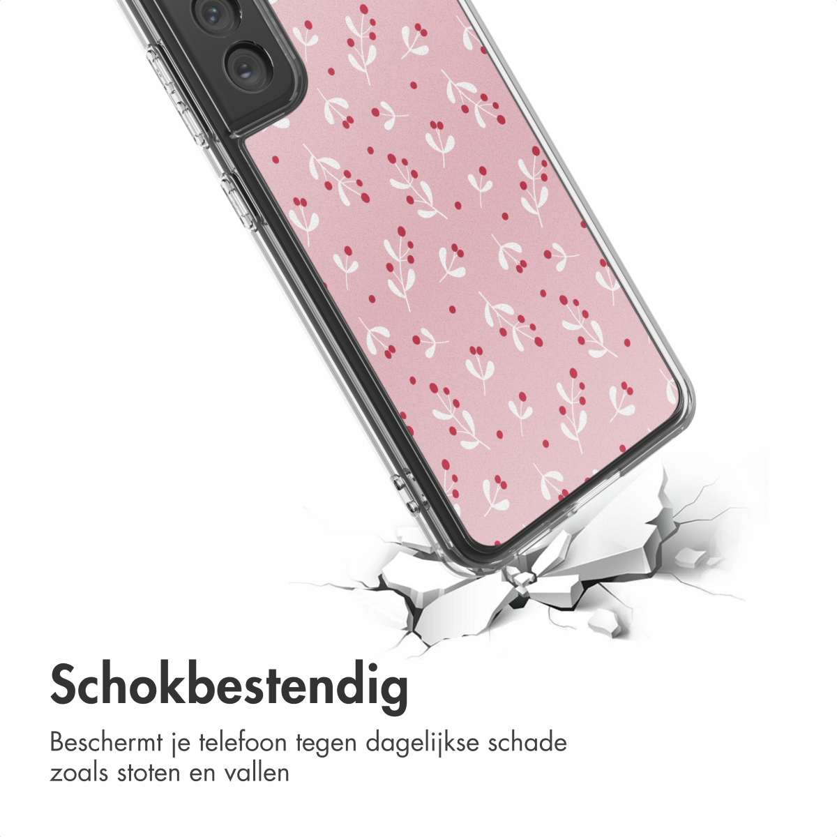 Een telefoonhoesje met een roze bloemenpatroon wordt getoond, dat een oppervlak lijkt te breken. De tekst onderaan luidt 'Schokbestendig'.