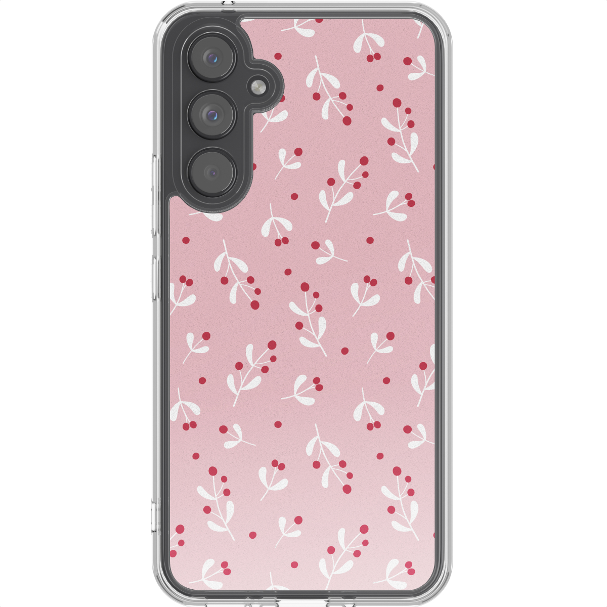 Une coque de téléphone avec un fond rose. Elle présente un motif de feuilles blanches et de baies rouges, avec une bordure transparente et des caméras de téléphone.