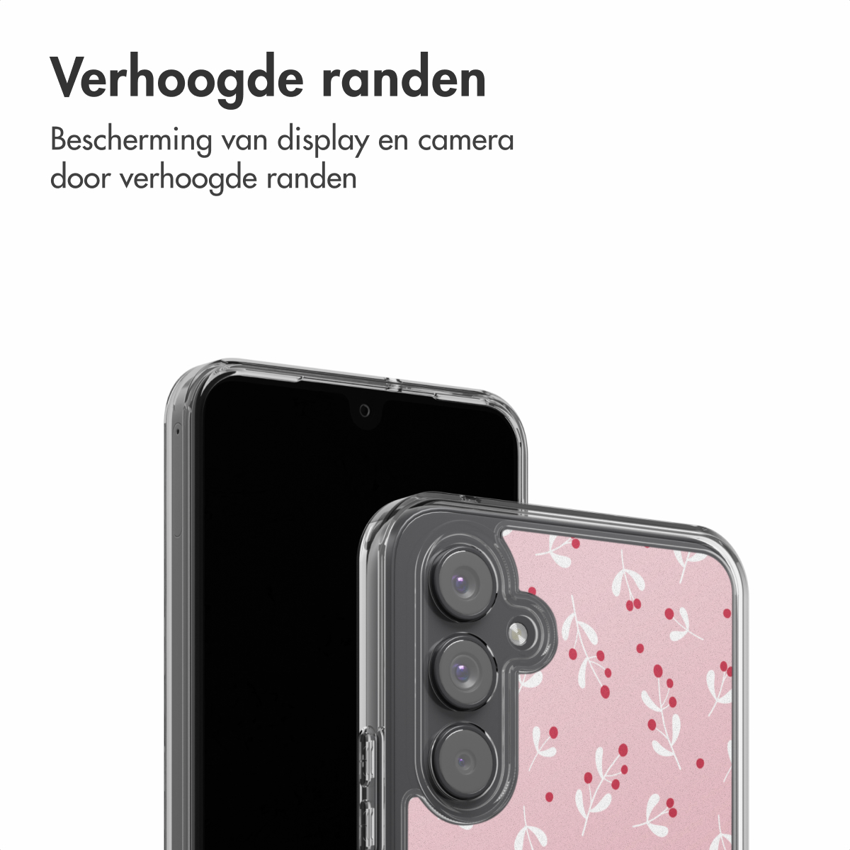 Un smartphone avec une coque transparente, recouvrant partiellement le téléphone. La coque a un motif floral rose. L'écran est noir.