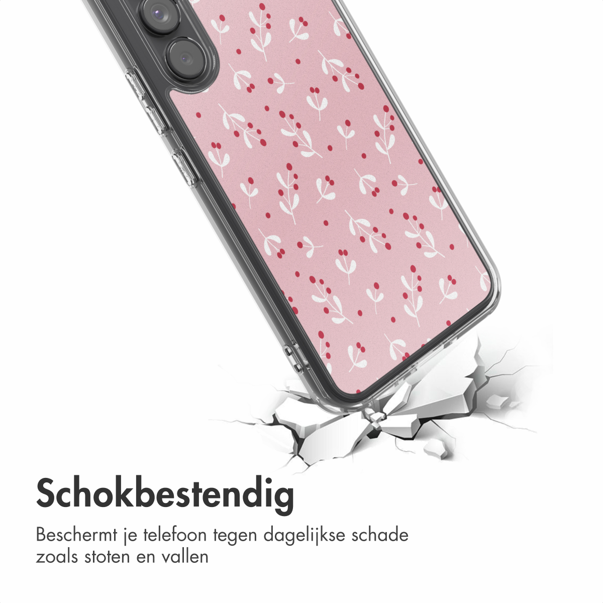 Une coque de téléphone avec un motif floral rose sur fond blanc brise une surface. Le texte indique 'Résistant aux chocs'.