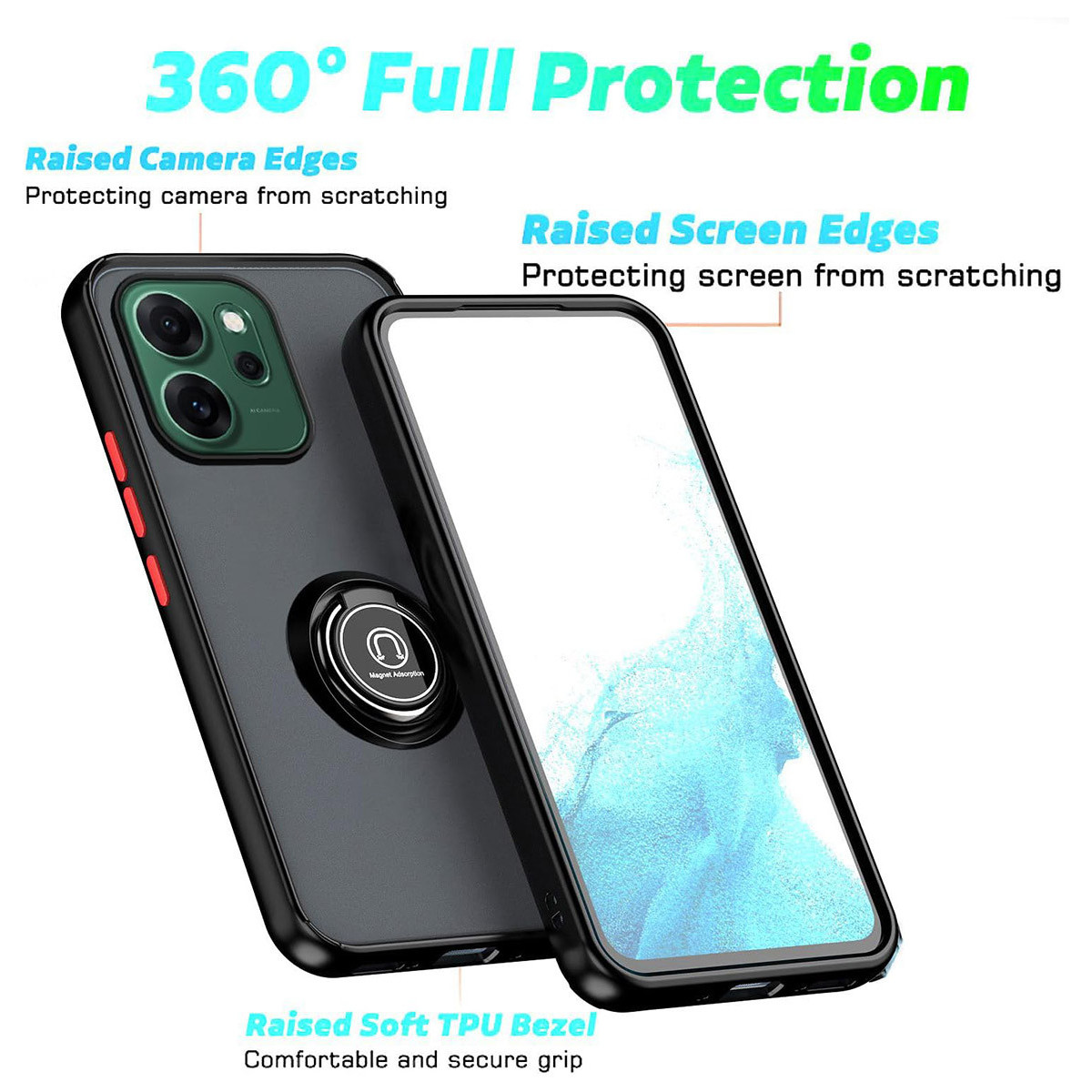 Dos fundas de teléfono con características protectoras. El texto destaca la protección de 360°, bordes elevados para la cámara y la pantalla, y un bisel de TPU suave.