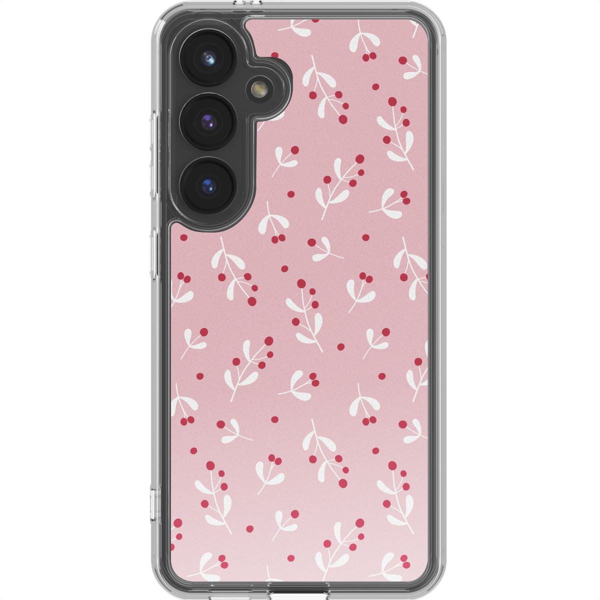 Una custodia per telefono con sfondo rosa e foglie bianche con bacche rosse. Il telefono ha un bordo trasparente e tre fotocamere.