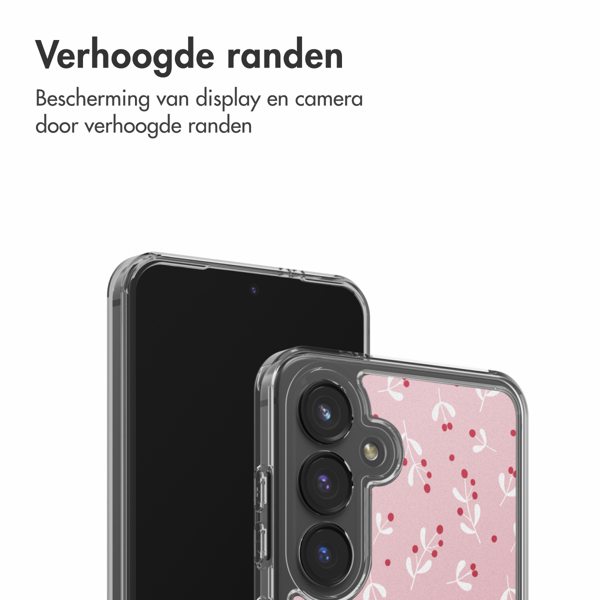 Uno smartphone è protetto da una custodia trasparente con un design floreale rosa. Lo schermo del telefono è nero, la custodia ha bordi rialzati.