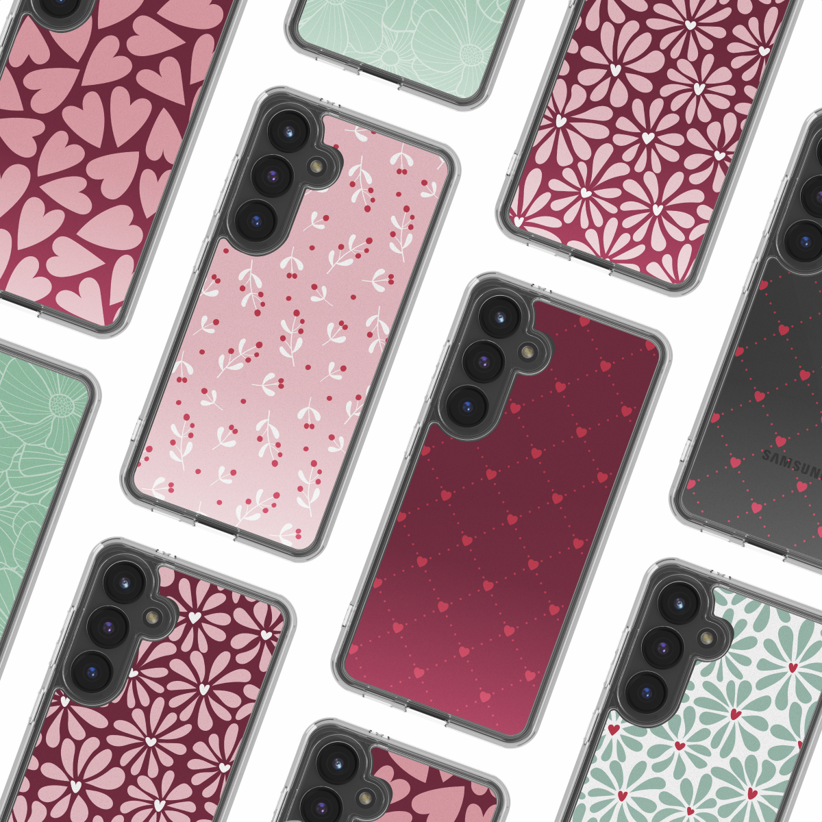 Diverse custodie per telefoni con vari motivi, tra cui cuori, fiori e foglie, in tonalità di rosa, rosso e verde su sfondo bianco.