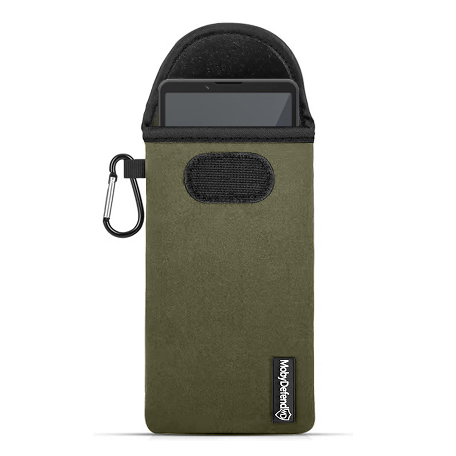 Een olijfgroene telefoonhoes met een zwarte bovenkant, een telefoon erin en een karabijnhaak. Het merk MobyDefend is zichtbaar.