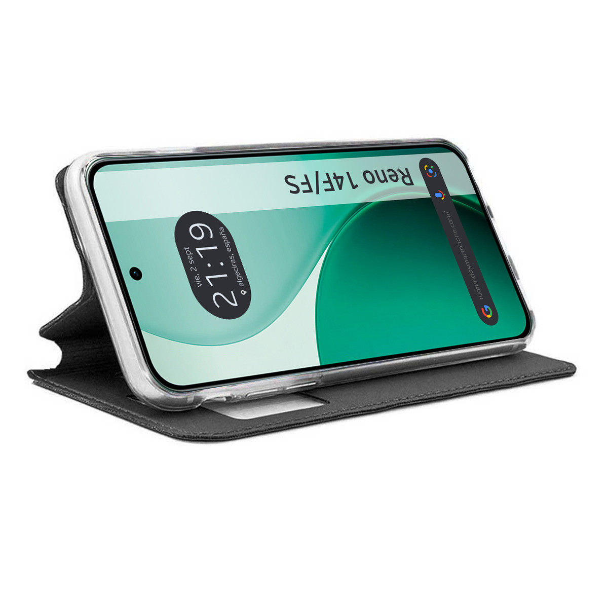 Uno smartphone in una custodia nera è appoggiato. Lo schermo mostra uno sfondo verde con l'ora. La custodia è aperta.