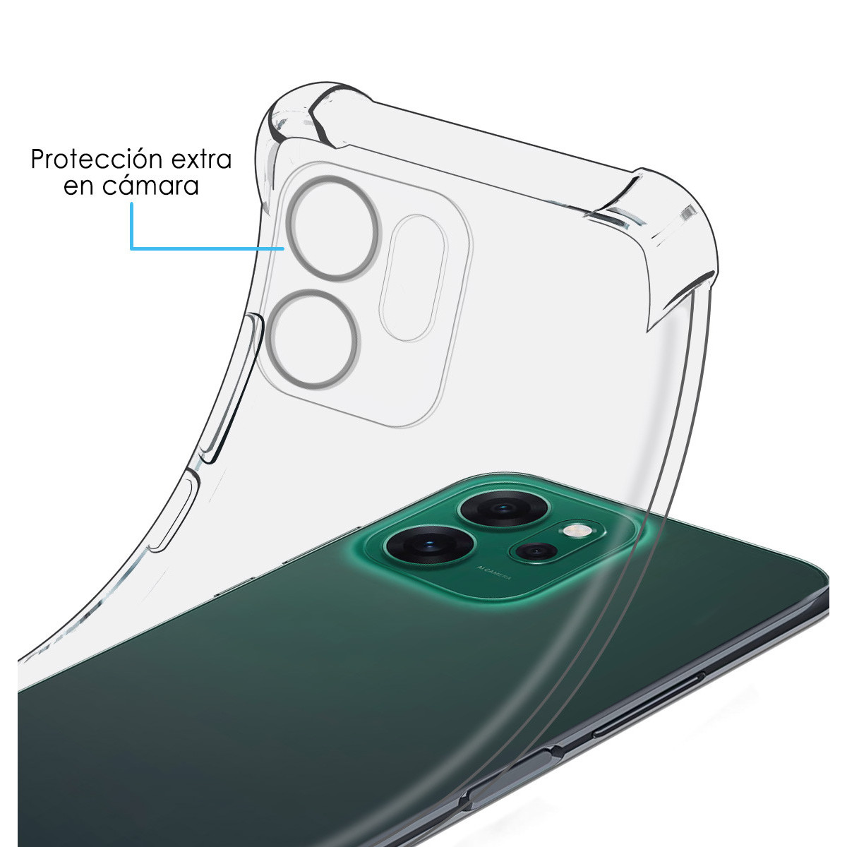 Una custodia trasparente protegge un telefono verde. La custodia ha una protezione extra per la fotocamera.