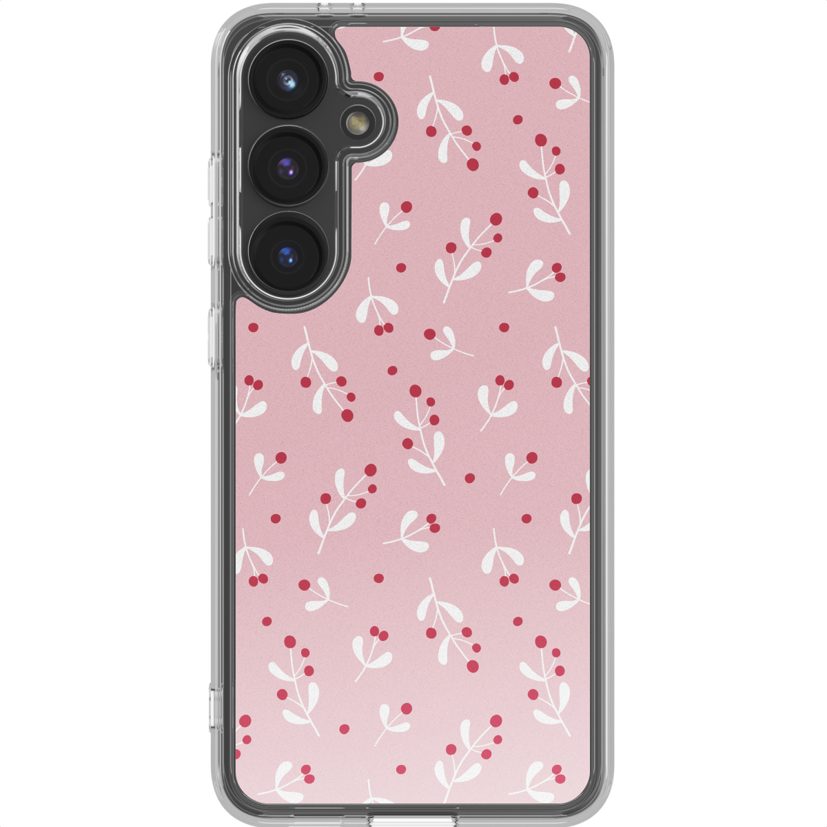 Una custodia per telefono con sfondo rosa e un motivo di foglie bianche e bacche rosse. Il telefono ha un bordo trasparente e lenti della fotocamera.