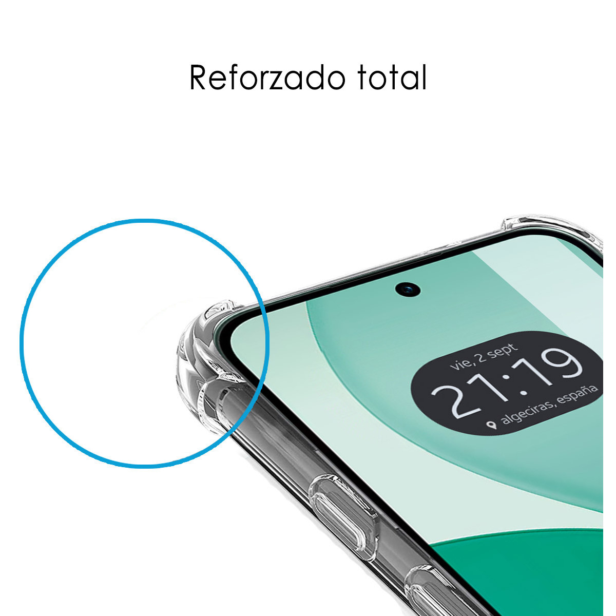 Primo piano di uno smartphone in una custodia trasparente. Lo schermo mostra la data e l'ora. Un cerchio blu a sinistra.