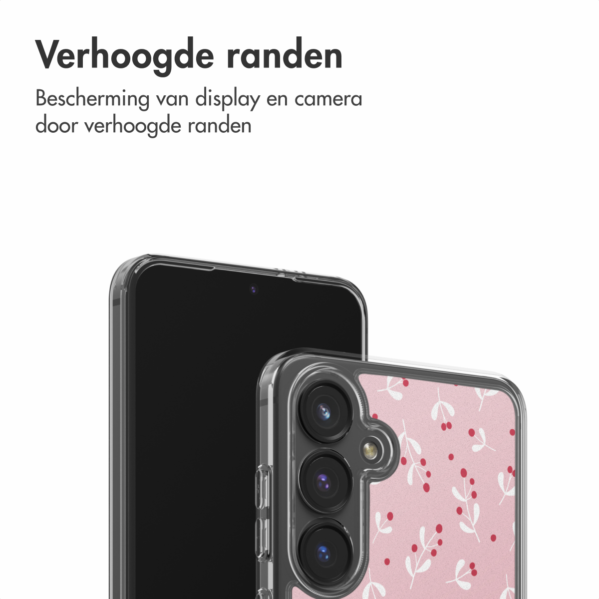 Due telefoni in custodie, uno nero, uno rosa a fantasia. Il testo in alto recita 'Verhoogde randen', che significa 'bordi rialzati'.