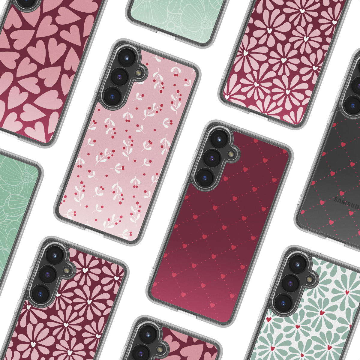 Diversi smartphone con motivi floreali e a cuore in custodie rosa, rosse e verdi disposti su sfondo bianco.