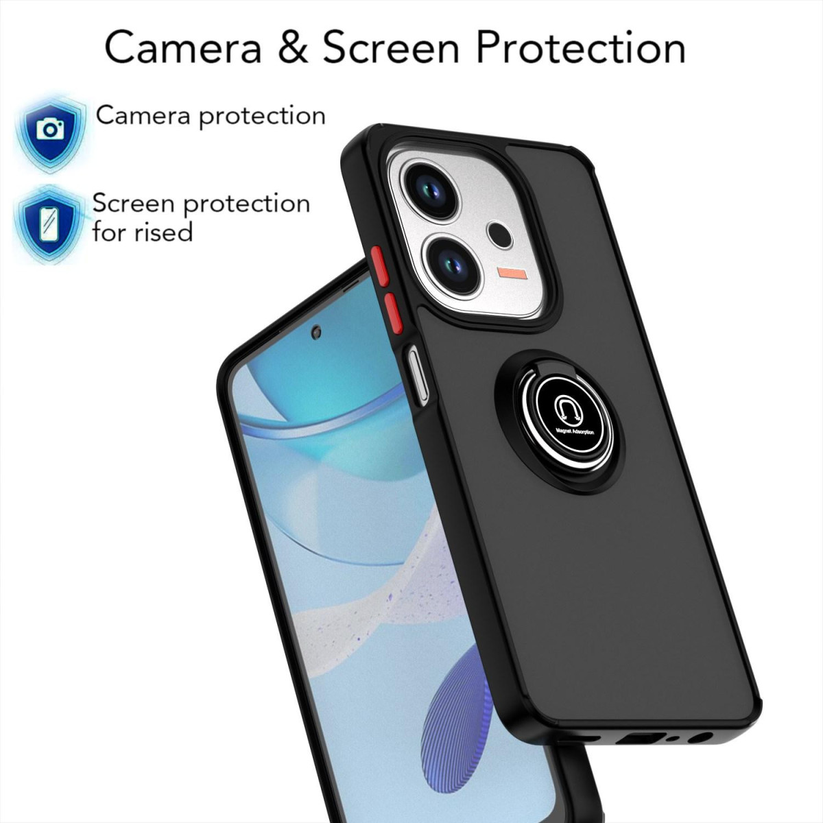 Custodia nera per telefono con protezione fotocamera e schermo. La custodia ha un supporto ad anello. Lo schermo è azzurro.