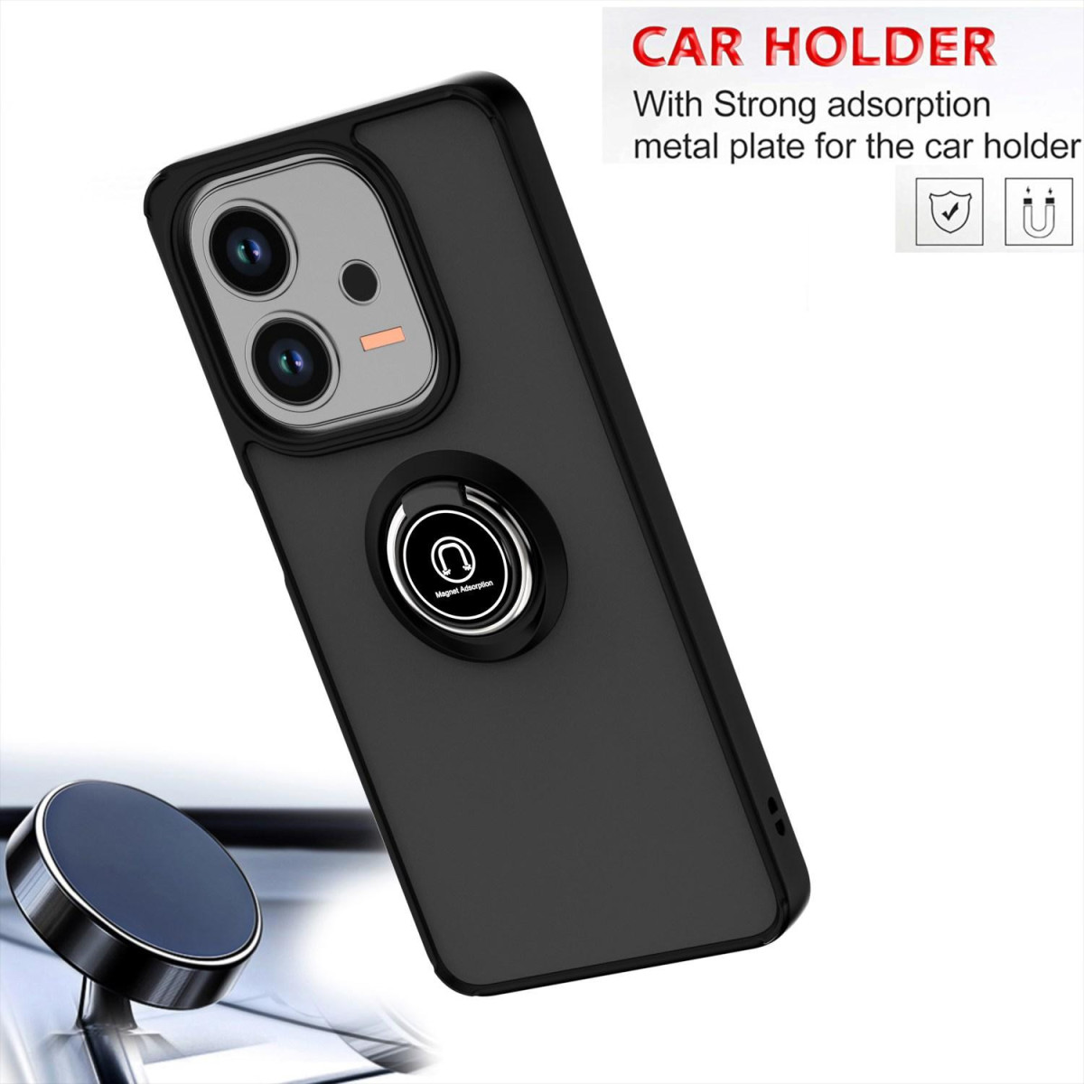 Custodia nera per telefono con anello e supporto magnetico per auto argento. Testo: 'CAR HOLDER'.