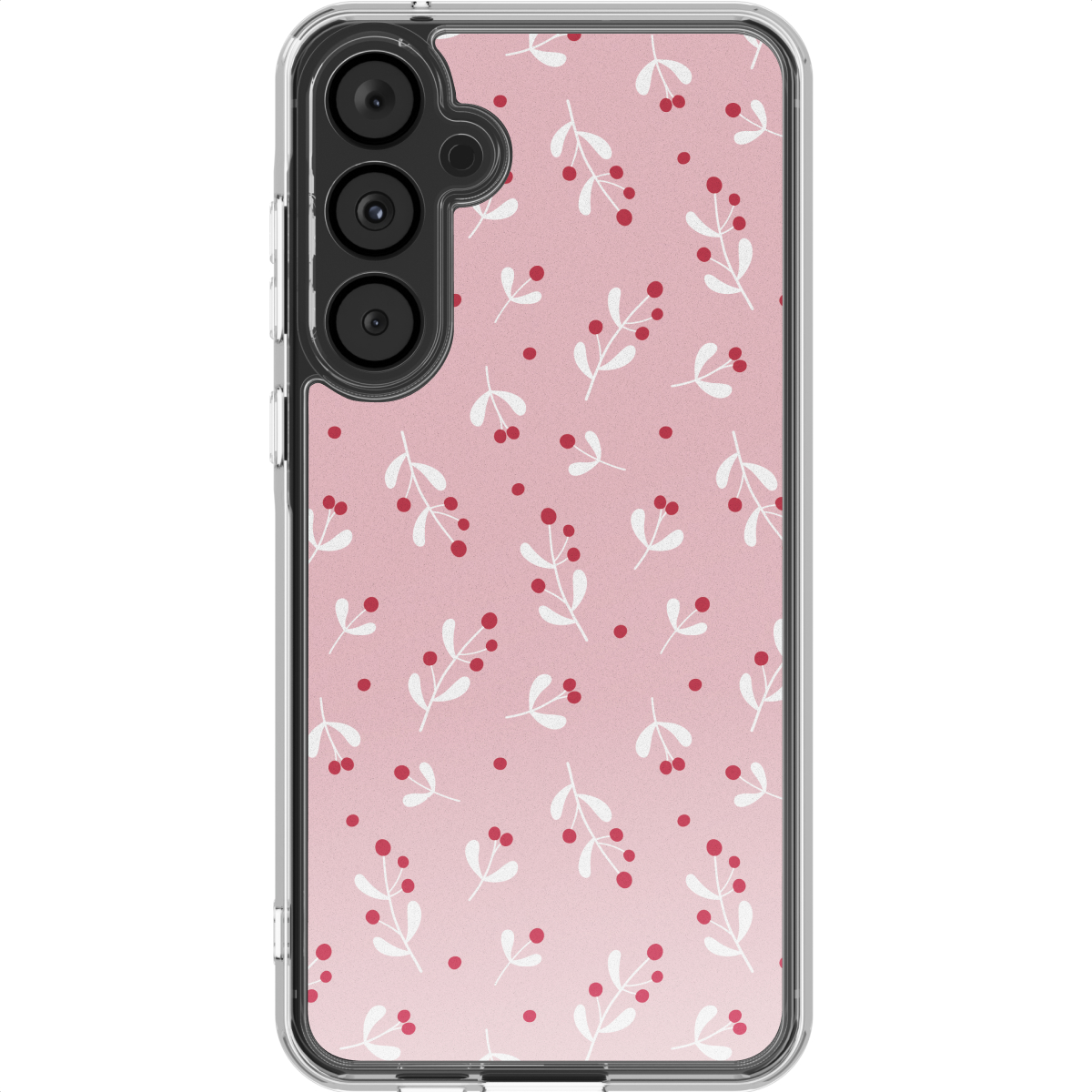 Een telefoonhoesje met een roze achtergrond versierd met witte bladeren en rode bessen, omhuld door een transparant plastic frame.