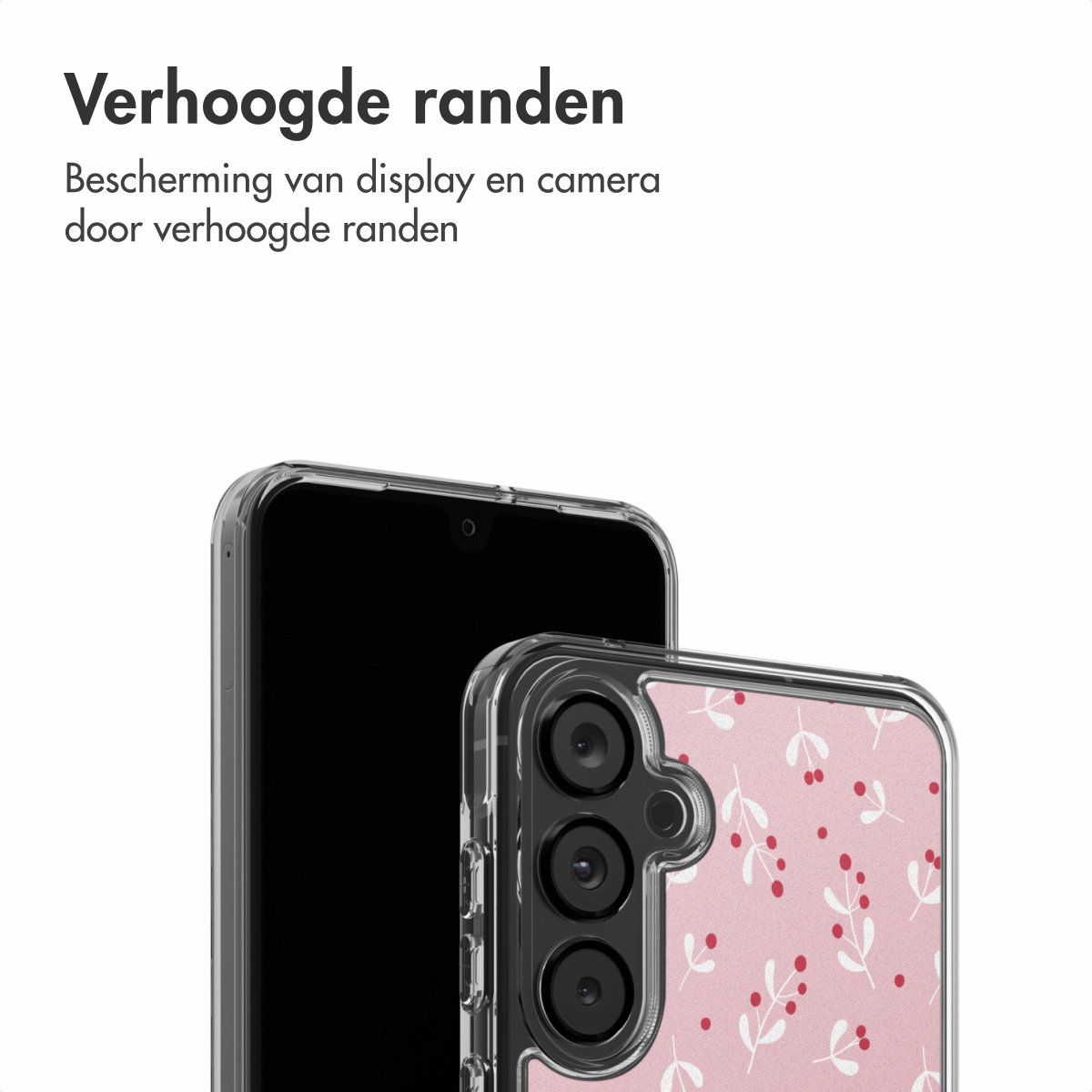 A smartphone with a clear case. The case has a pink floral pattern. The phone is black. Text at the top says 'Verhoogde randen'.