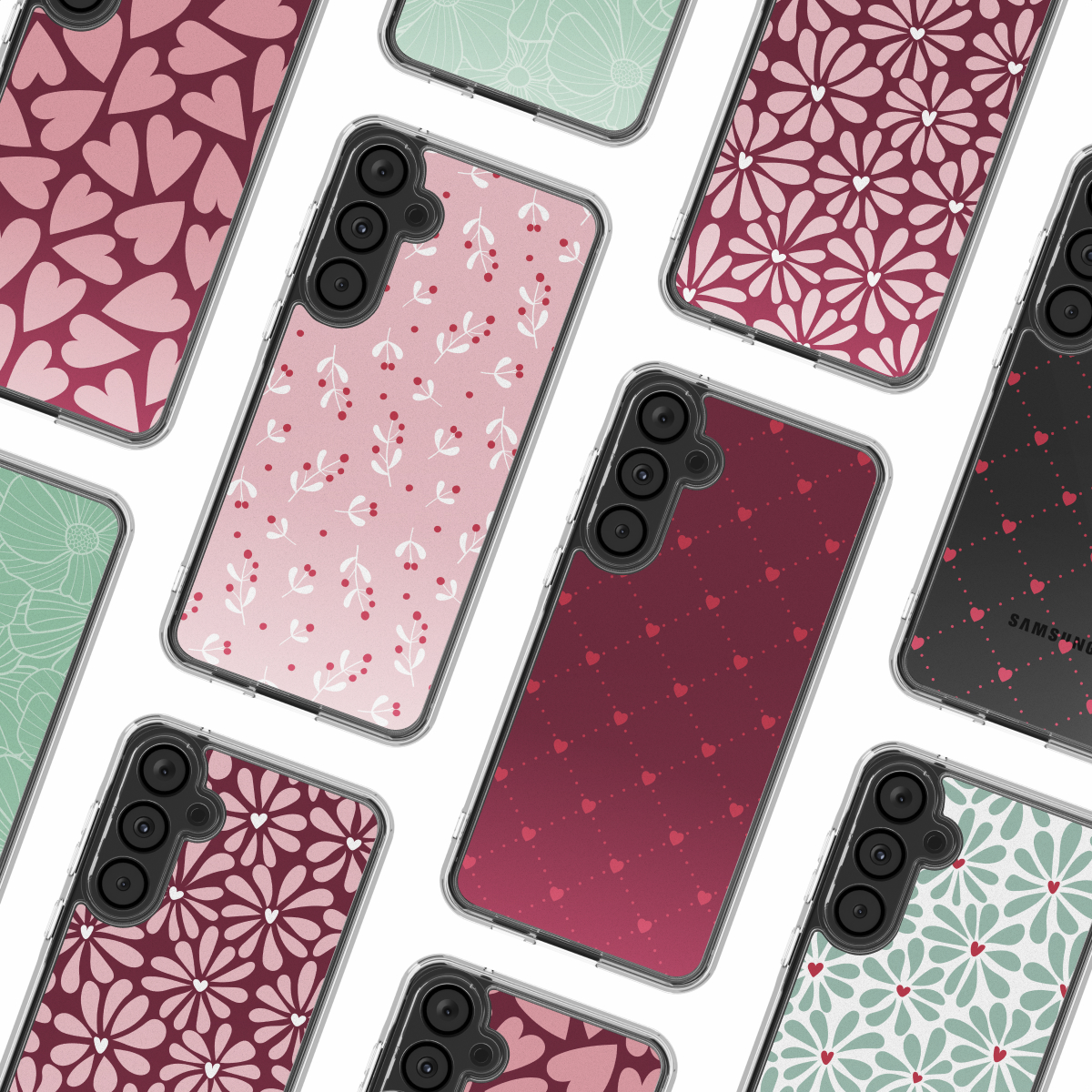 Collectie telefoonhoesjes met diverse patronen, waaronder harten, bloemen en bladeren, in roze, rood en groen tinten op wit.