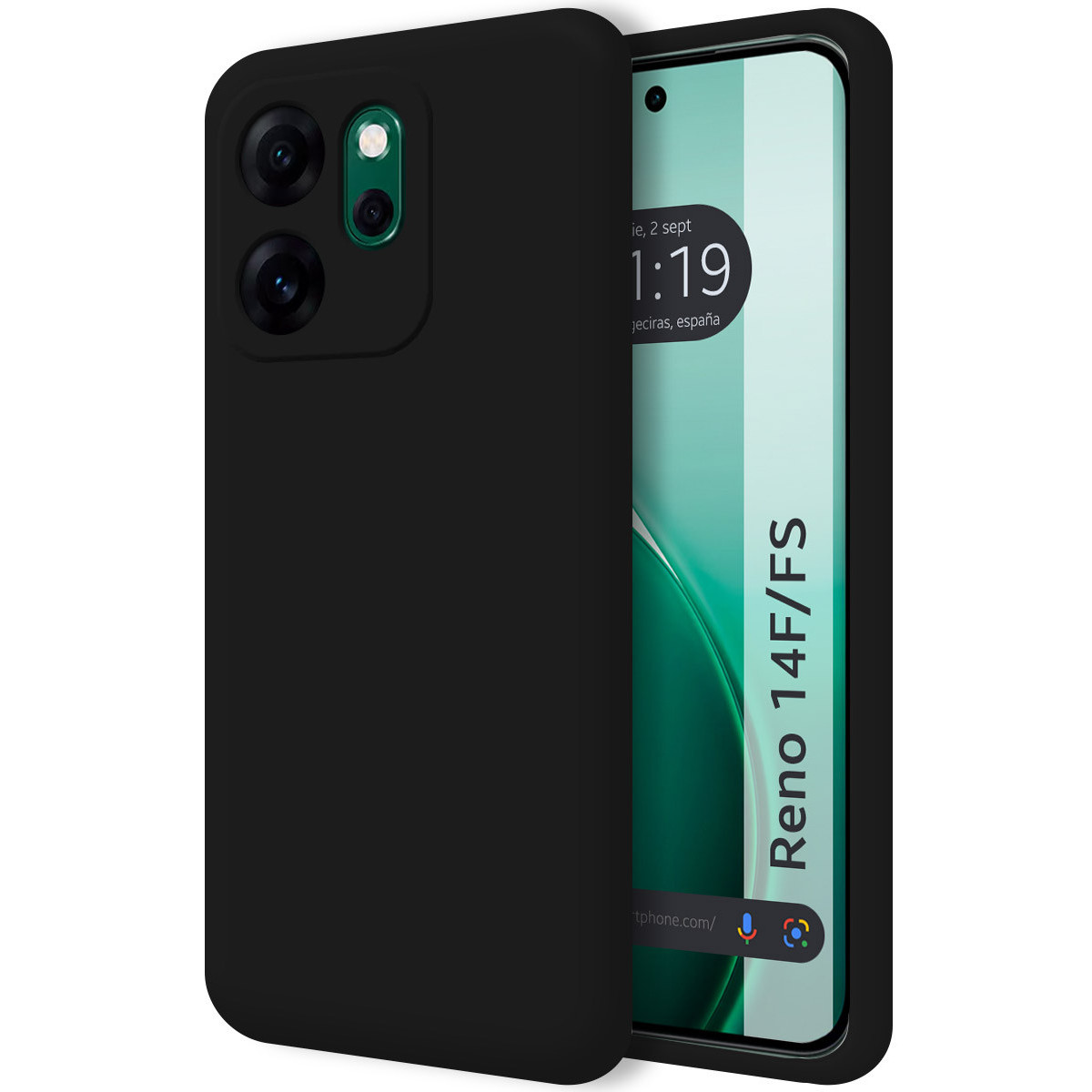 Un teléfono negro con una pantalla que muestra un reloj y el texto 'Reno 14F/FS'. Una funda negra protege la parte trasera del teléfono.