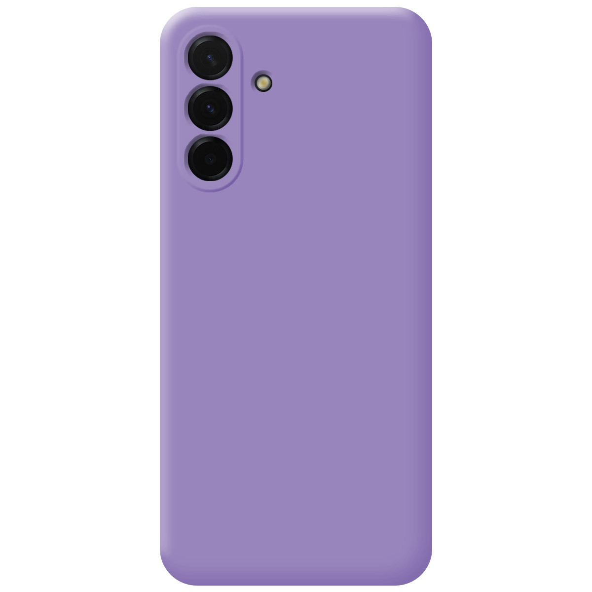 Una custodia per smartphone lavanda con tre obiettivi e un flash. La custodia è liscia e il telefono è rivolto verso l'alto.