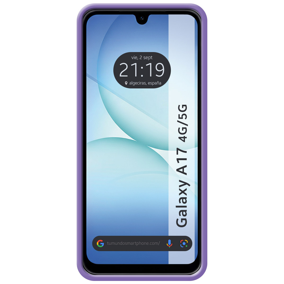 Uno smartphone viola con uno schermo che mostra l'ora e le parole Galaxy A17 4G/5G.