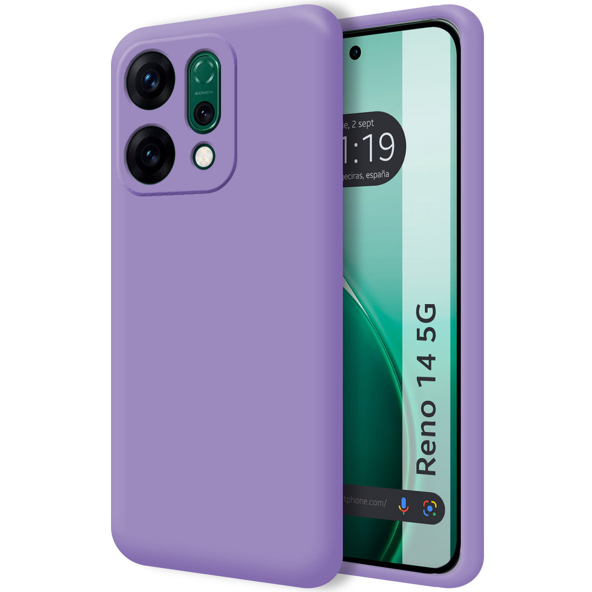 Una custodia per telefono viola con un telefono all'interno. Lo schermo mostra l'ora, la data e il nome del telefono.