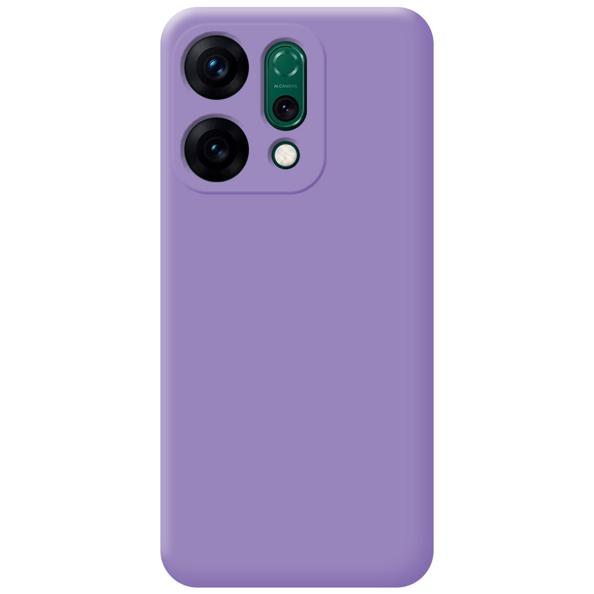Una custodia per telefono viola con tre obiettivi per fotocamera e un flash. La custodia ha una finitura liscia e opaca.