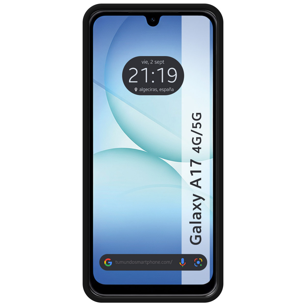 Uno smartphone nero mostra l'ora e il luogo. È un Galaxy A17 4G/5G. Lo sfondo ha un design azzurro e bianco.