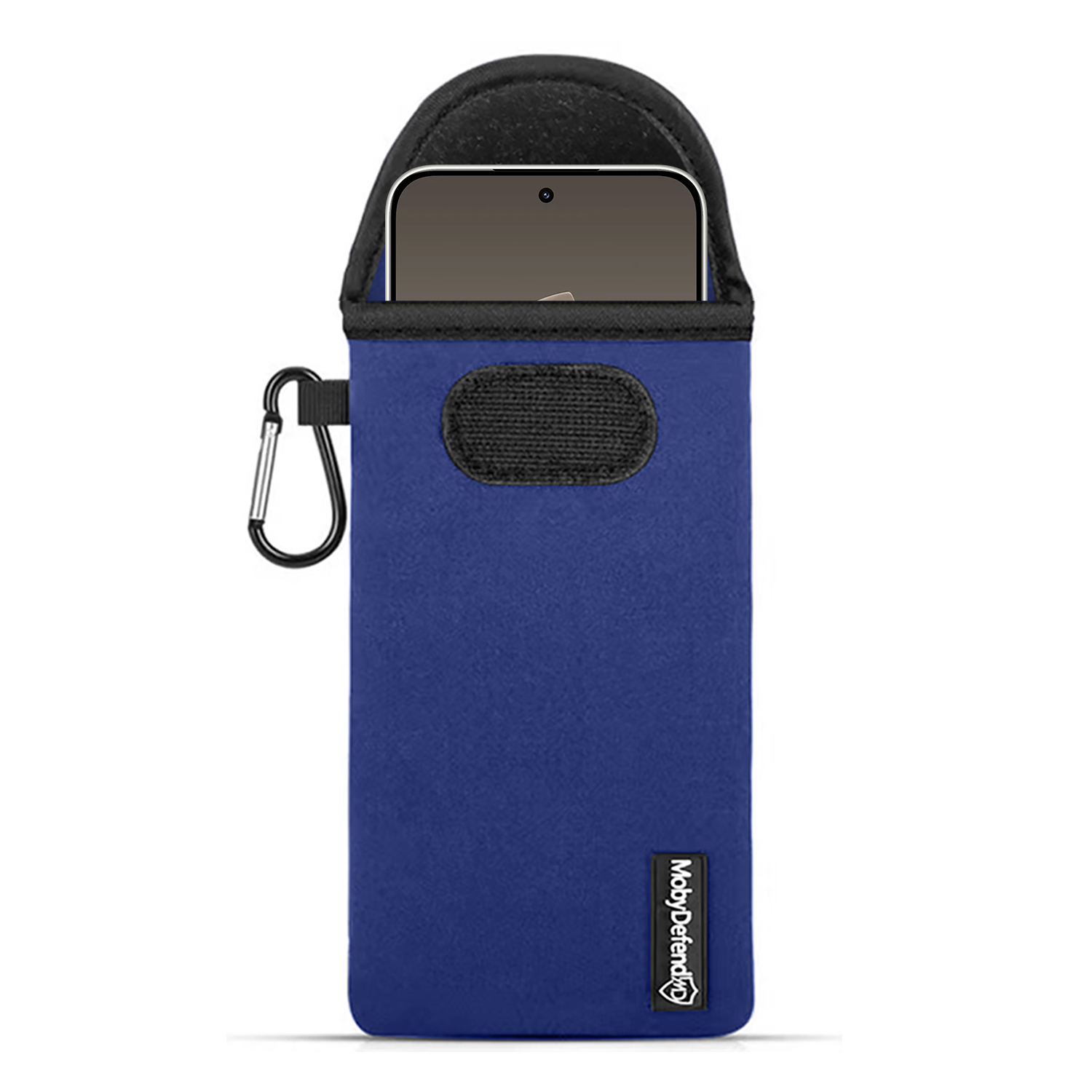 Un étui de téléphone bleu avec un dessus noir et un clip argenté. Un téléphone est visible à l'intérieur. La marque 'MobyDefend' est en bas.