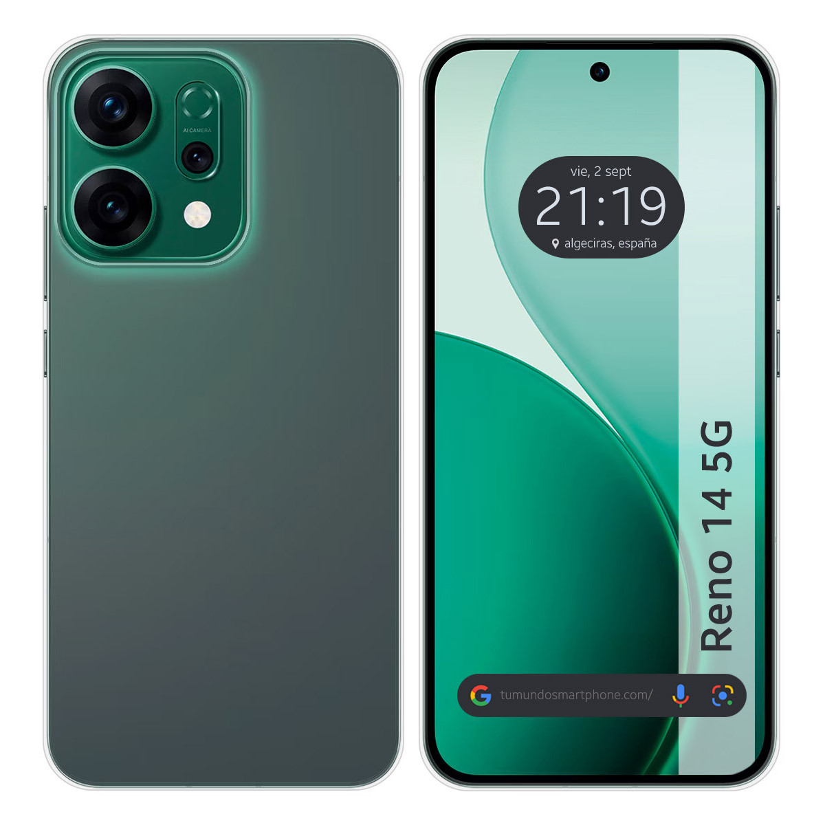 Uno smartphone con retro verde e schermo che mostra l'ora e la posizione. Il telefono ha tre fotocamere sul retro.