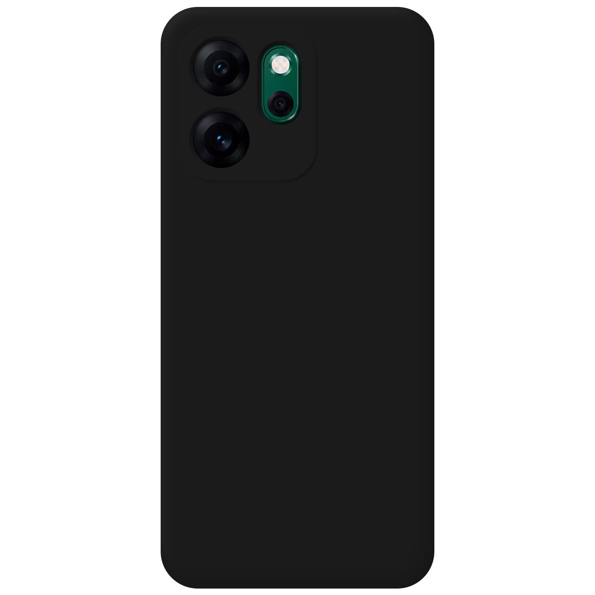 Funda de teléfono negra con módulo de cámara. El módulo tiene tres lentes, dos negras y una verde. El fondo es negro liso.