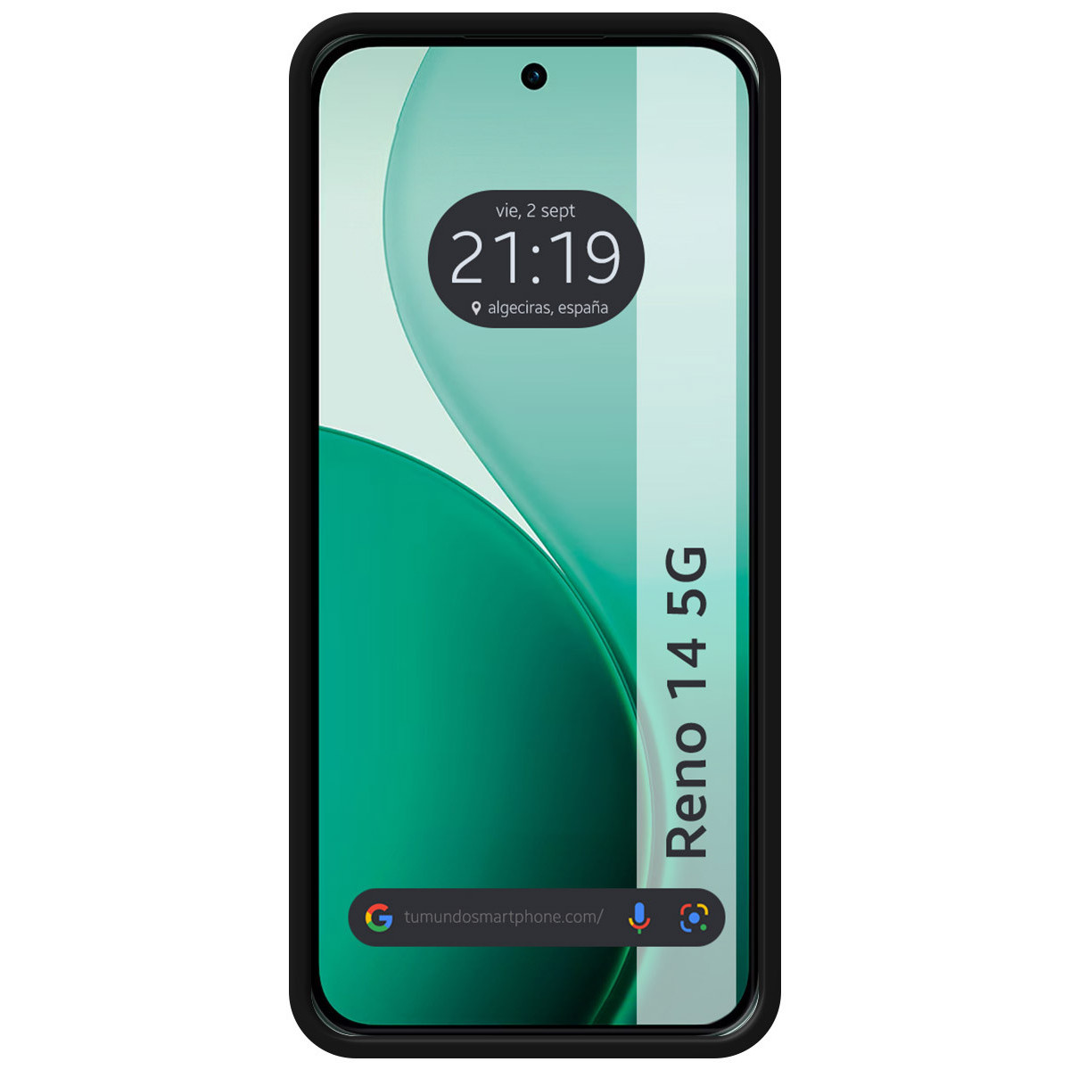 Uno smartphone nero visualizza l'ora, la data e un sito web. Il telefono ha uno sfondo verde e bianco e dice 'Reno 14 5G'.
